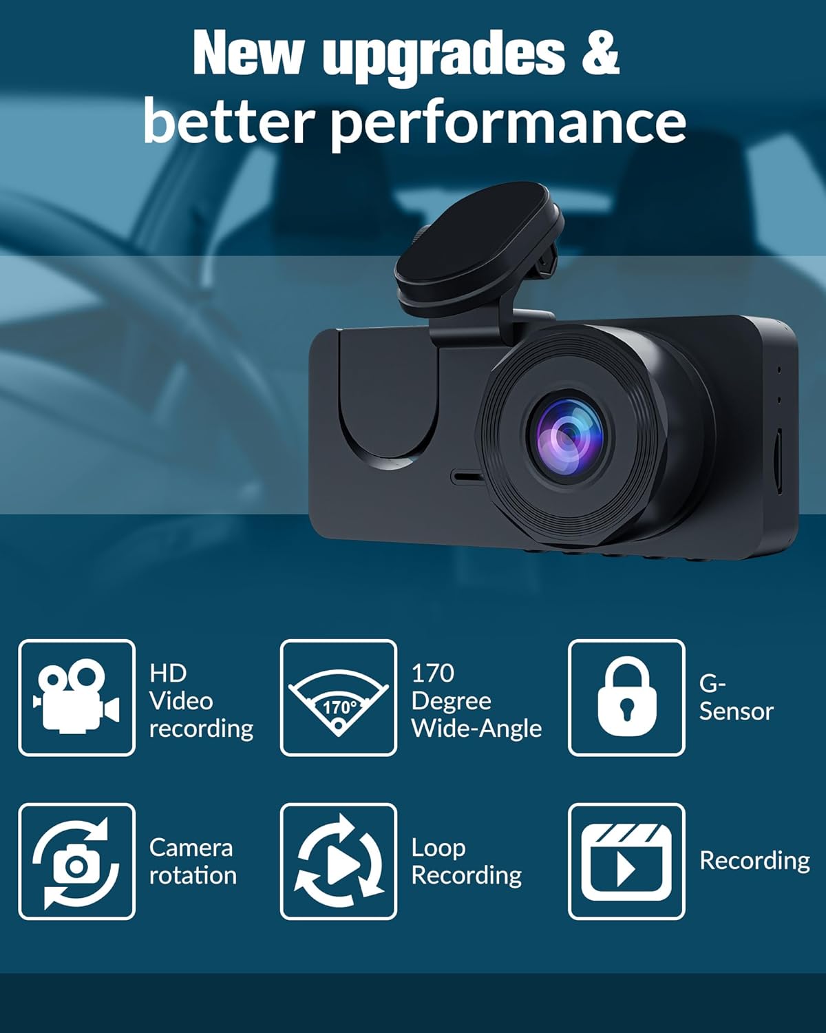 Lensuge Car dashboard camera with features listed on a blue background