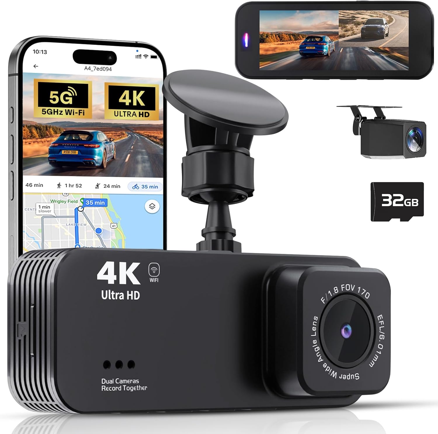 Lensuge 4K Ultra HD Dash Cam with built-in GPS and Wi-Fi connectivity. Features dual cameras, 32GB microSD card, and a sleek design for clear road recording. Ideal for drivers seeking advanced safety and video quality.