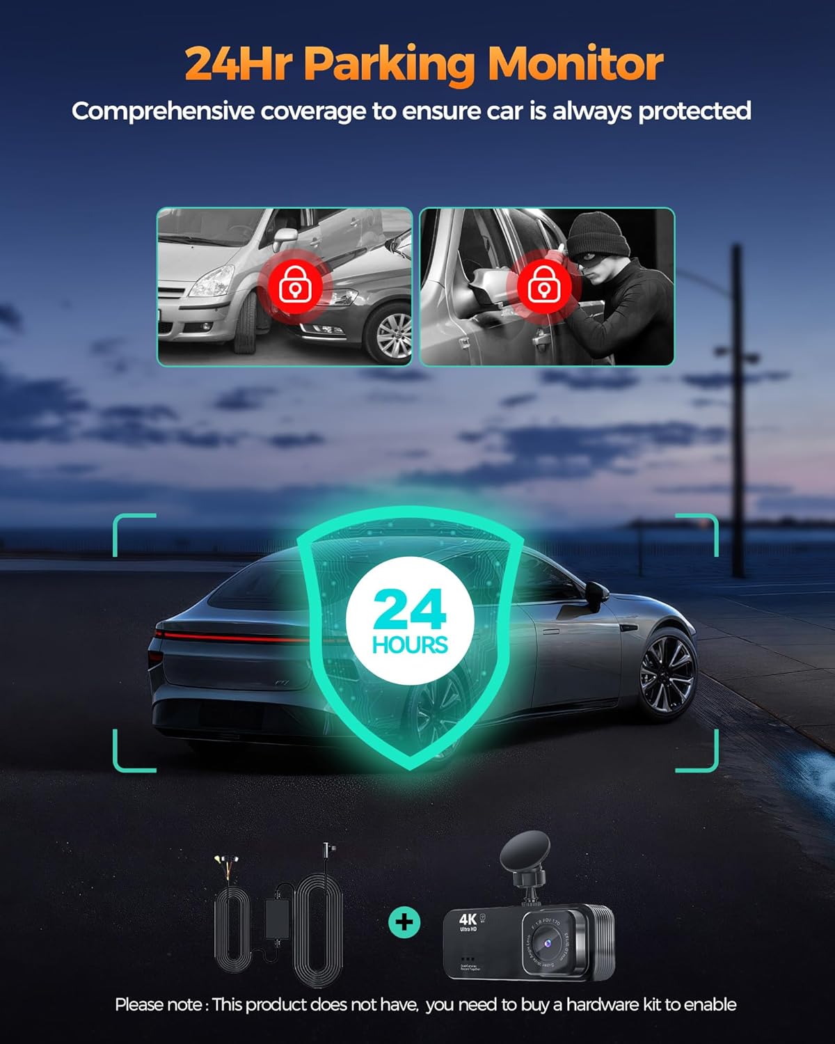 Lensuge 4K Dash Cam with 24-hour parking monitor feature. Provides comprehensive coverage to protect your car from theft or damage, ensuring peace of mind around the clock.