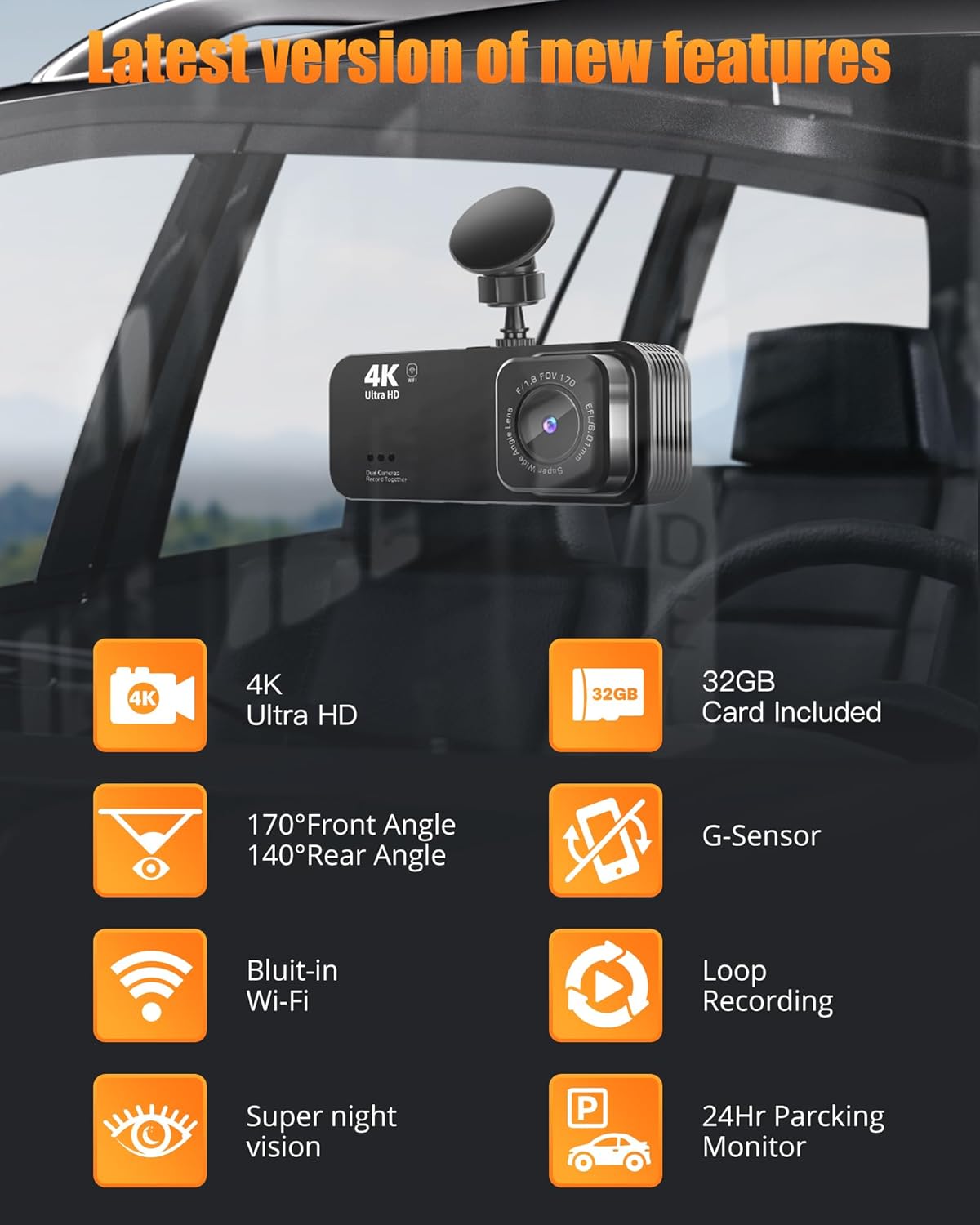 Lensuge 4K Ultra HD Dash Cam equipped with advanced features such as 4K resolution, 32GB microSD card, wide-angle front and rear views, G-sensor, built-in Wi-Fi, loop recording, super night vision, and 24-hour parking monitor.