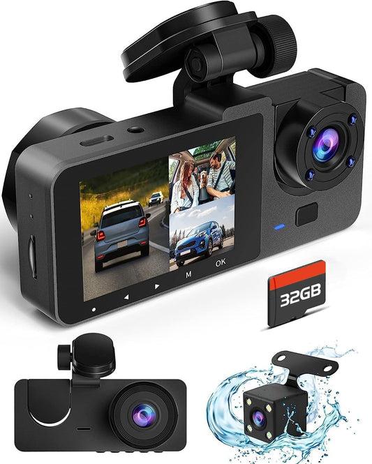 Lensuge Car dashboard camera with screen displaying footage, additional camera lens, and 32GB memory card on a white background.